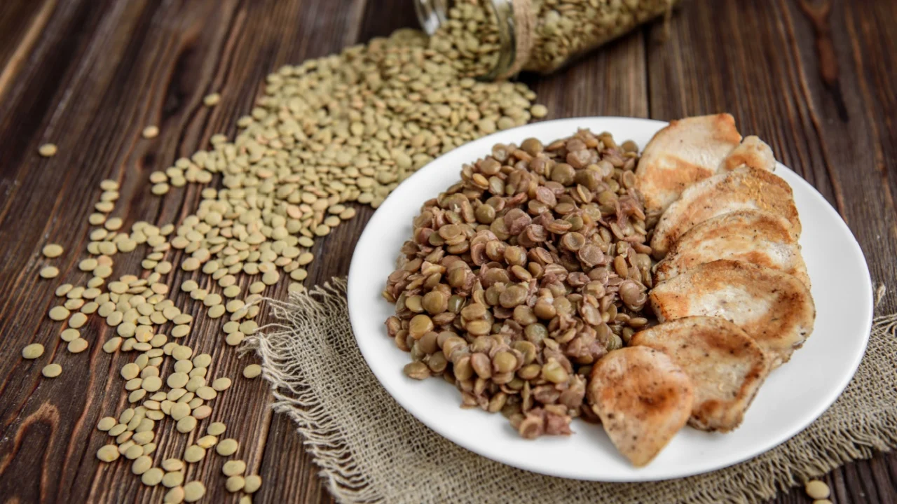 Grilled chicken with lentils on white plate. Healthy dinner