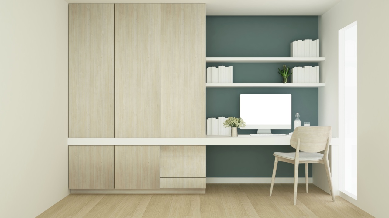 Workplace on green wall design and wardrobe in condominium - Study room simple design artwork for apartment or home.