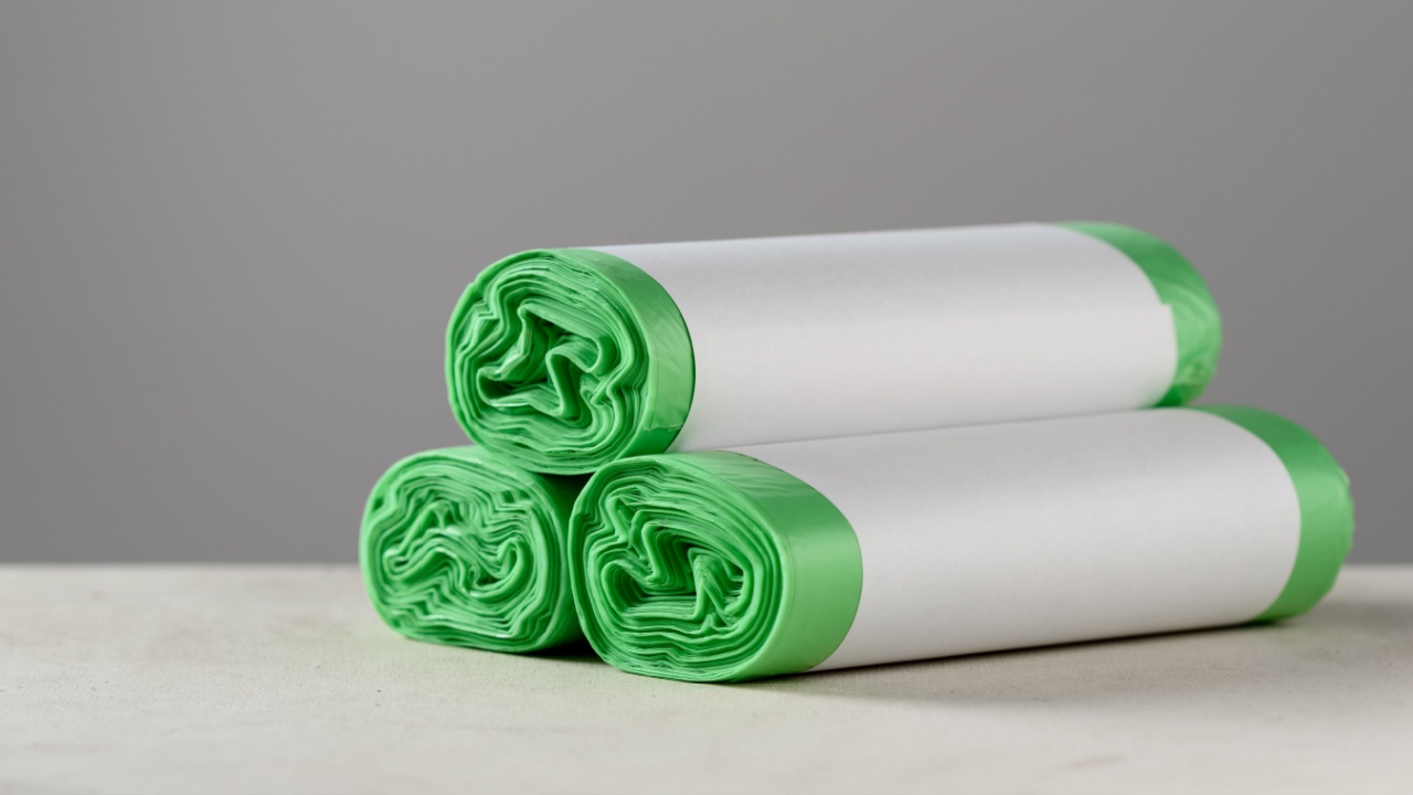 Three roll green eco garbage bag with copy space isolated on grey background.