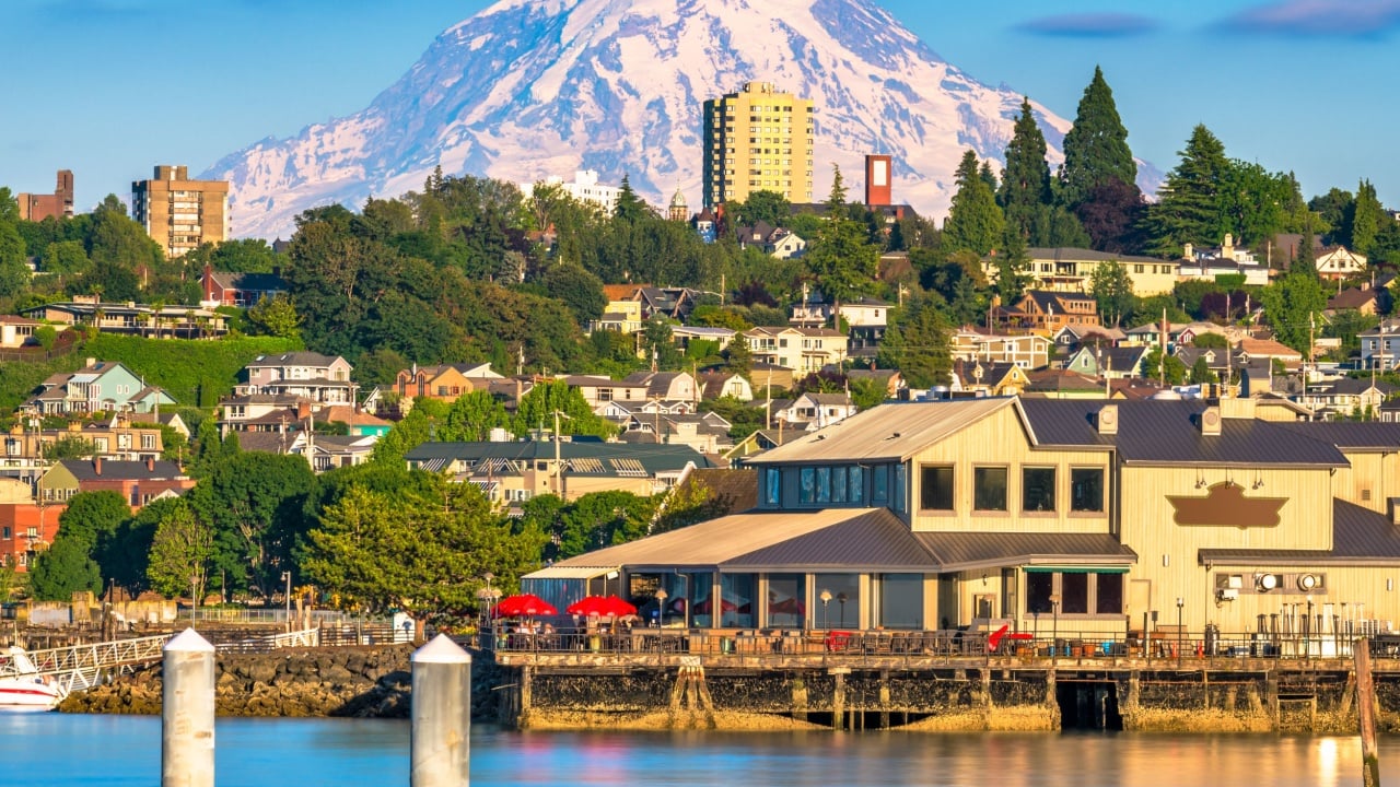 Tacoma, Washington, USA with Mt. Rainier in the distance on Commencement Bay.