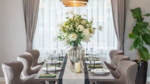 classic dining room with wooden table and chair, interior design concept decoration