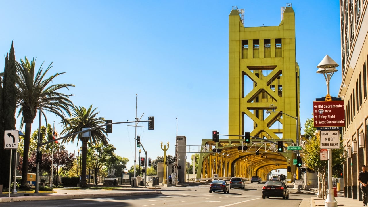 SACRAMENTO, USA - OCTOBER 9TH, 2019: Golden Tower Bridge view from street level, Sacramento, California