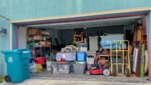 Orlando,FL/USA-11/13/19: An unorganized garage filled with a lot of stuff in a neighborhood.