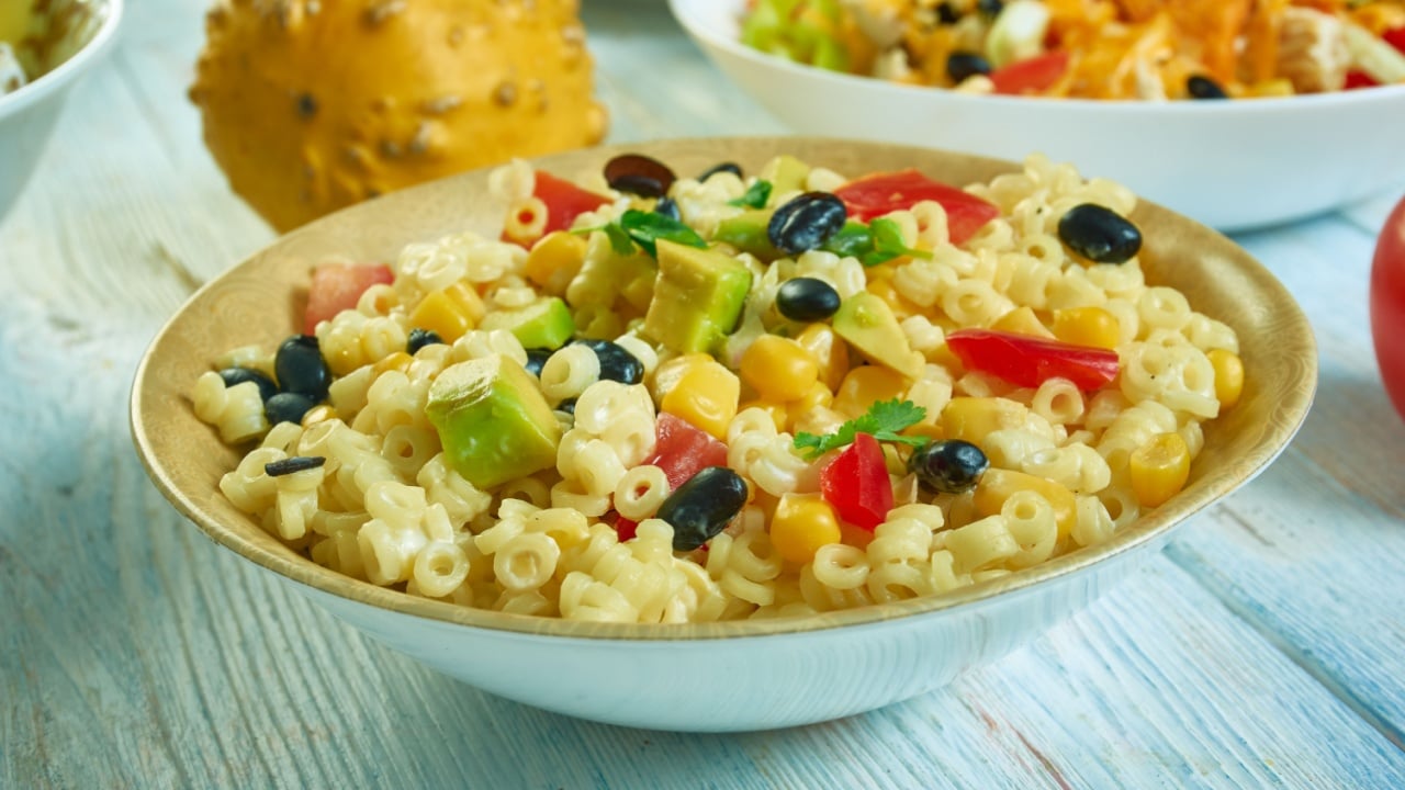 Southwestern Pasta Salad, Southwest cuisine, Traditional assorted American dishes.