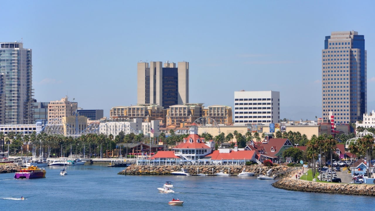 Long Beach modern city skyline, marina and Shoreline Village in City of Long Beach, Los Angeles County, California CA, USA.