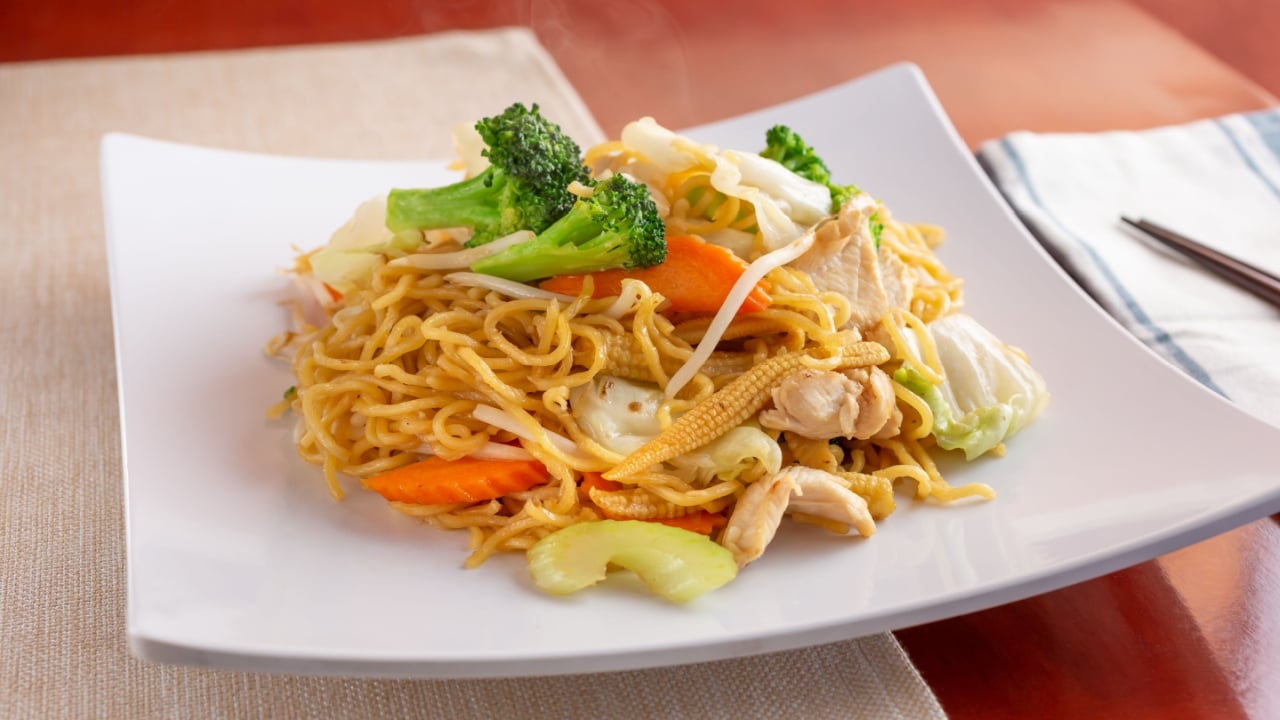A view of a plate of chow mein.