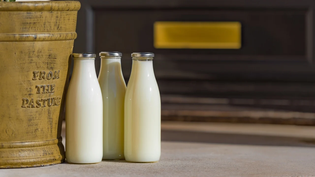 Bottles of fresh milk delivered to a doorstep