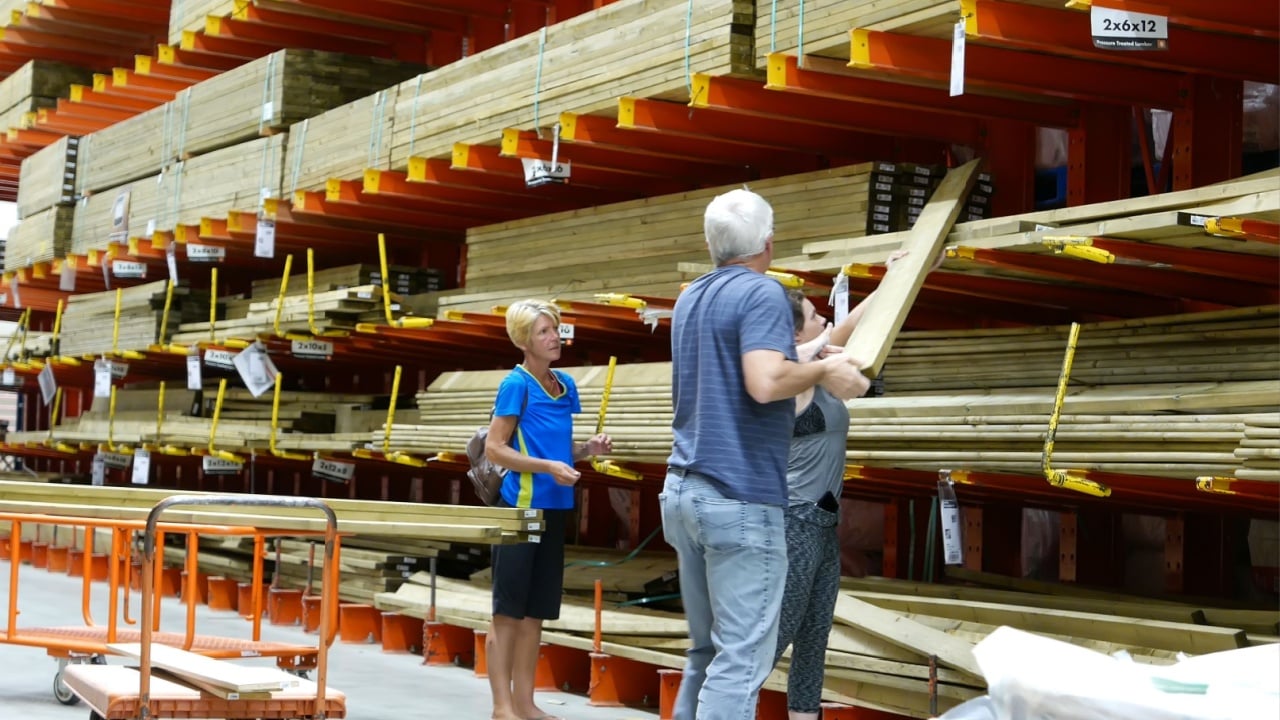Port Coquitlam, BC, Canada - September 20, 2017 : Motion of people buying lumbers for decorating their house inside Home depot store