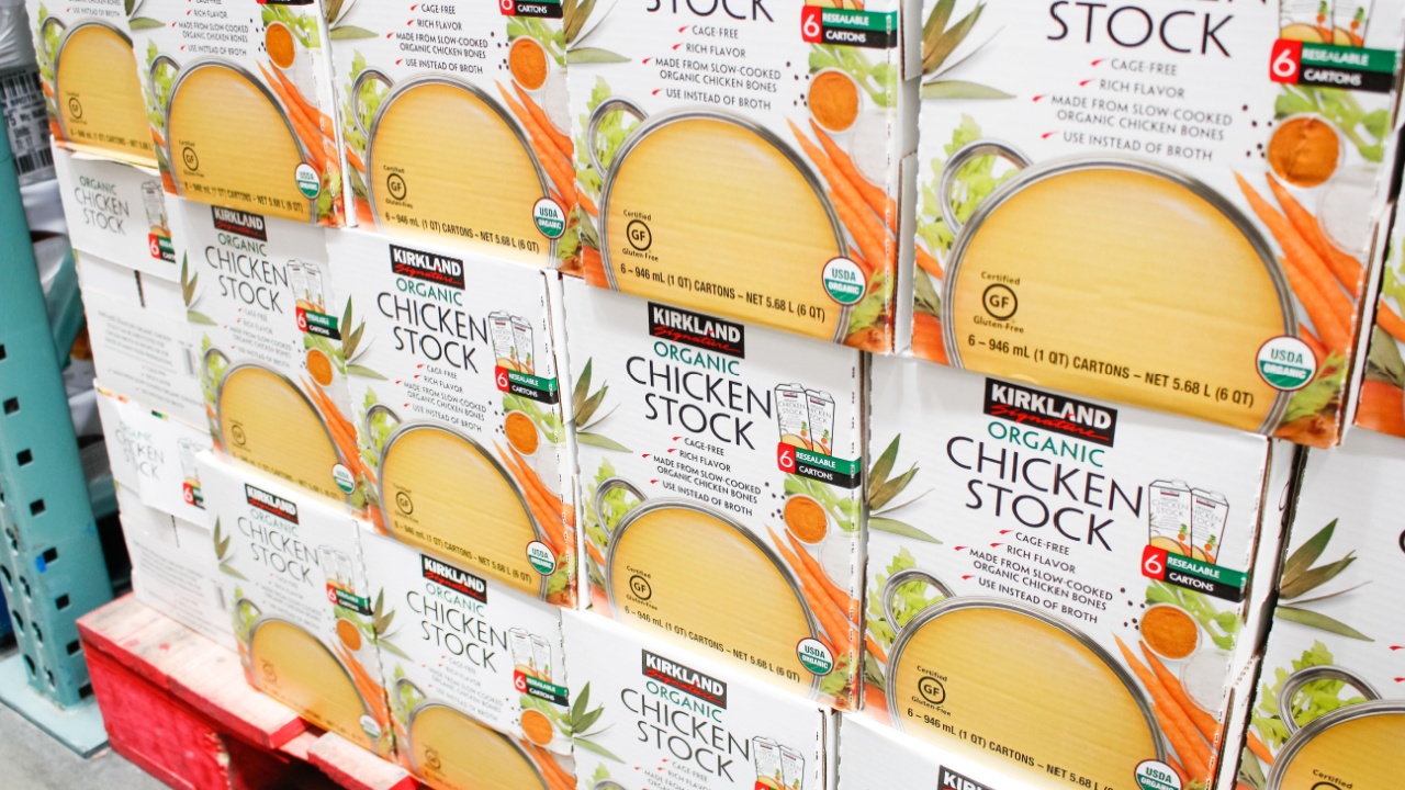 Los Angeles, California, United States - 09-01-2020: A view of several cases of Kirkland Signature organic chicken stock, on display at a local Costco.