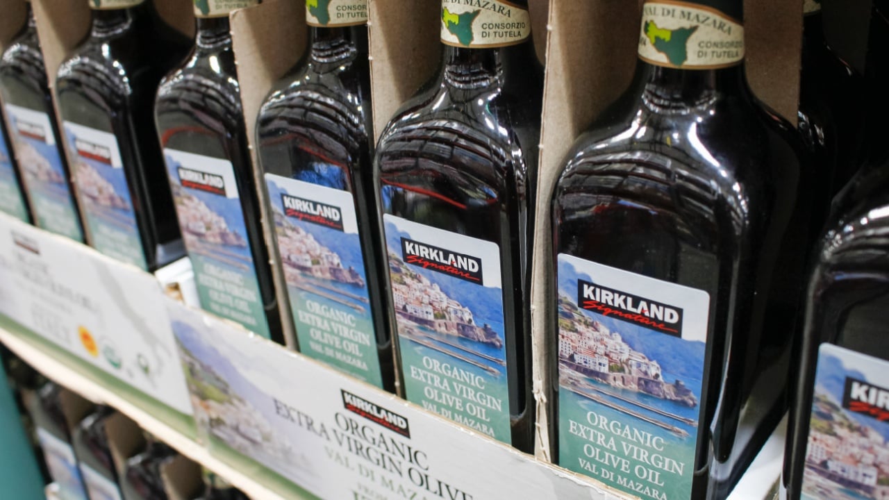 Los Angeles, California, United States - 09-01-2020: A view of several containers of Kirkland Signature organic extra virgin olive oil Val di Mazara, on display at a local Costco.