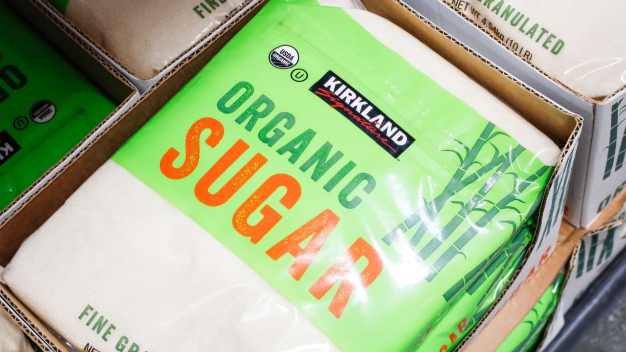 Los Angeles, California, United States - 09-01-2020: A view of several cases of Kirkland Signature organic sugar, on display at a local Costco.