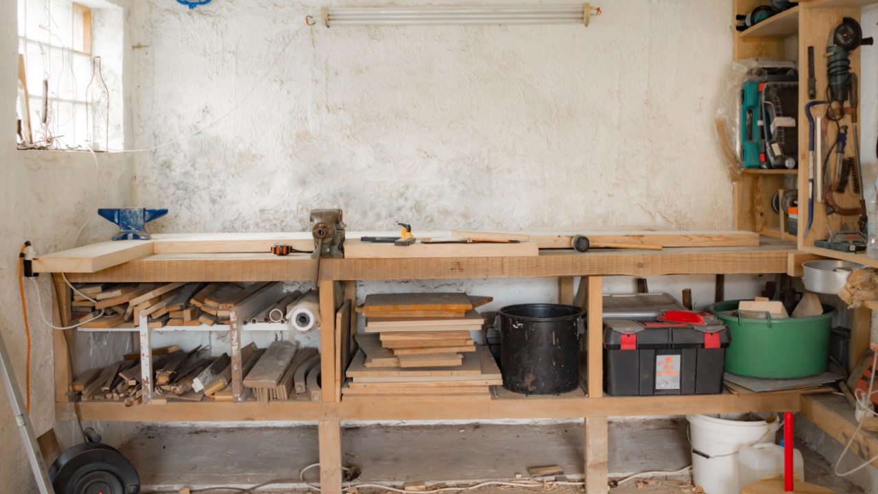 Various carpenter's tools and supplies in a garage.