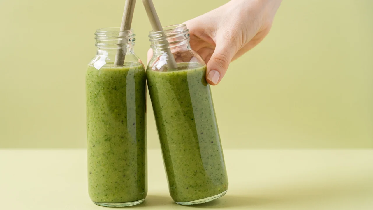 Green smoothie in glass bottles with bamboo tubes. Woman's hand holding bottle. Monochrome green background. Minimalistic advertising product, clean, healthy food