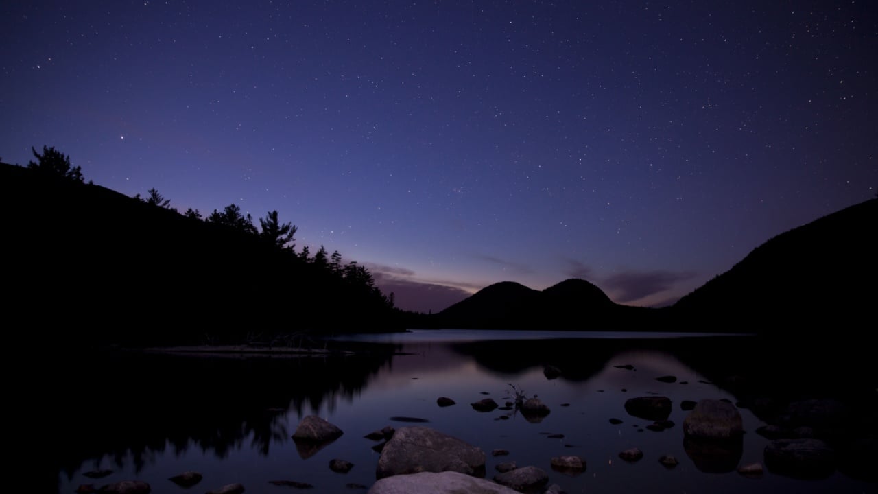 Jordan pond in Acadia National Park with night stars