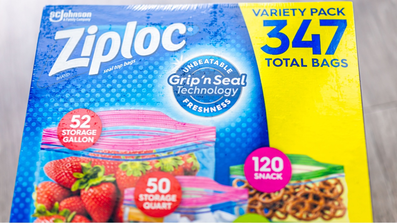 Naples, USA - September 26, 2021: SC Johnson brand sign text for Ziploc product for grip and seal bags large size bought at Costco