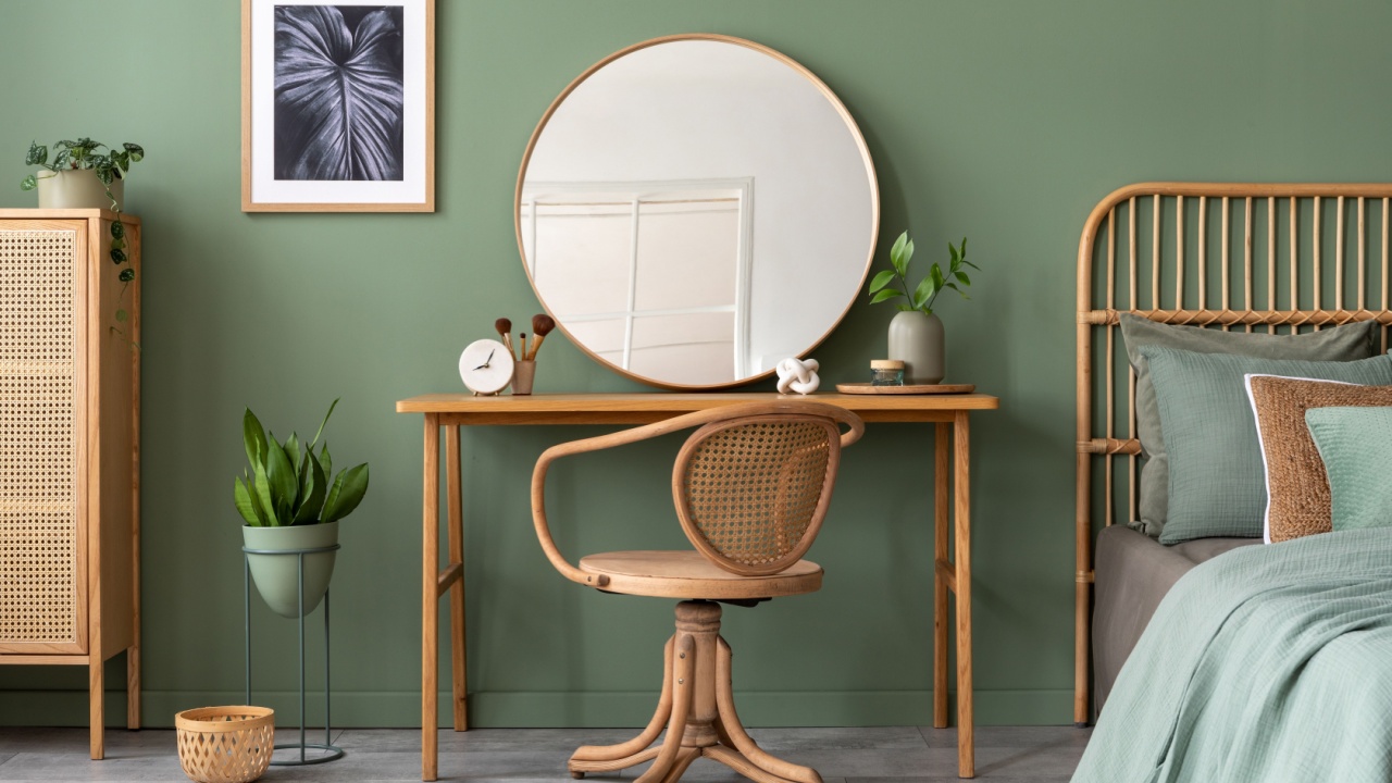 Stylish composition of bedroom in modern glamour interior design with vanity table, big rounded mirror, tropical bed and beautiful personal accessories.