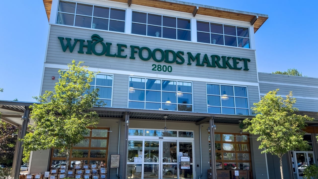 Lynnwood, WA USA - circa August 2022: Low angle view of the exterior of a Whole Foods Market.