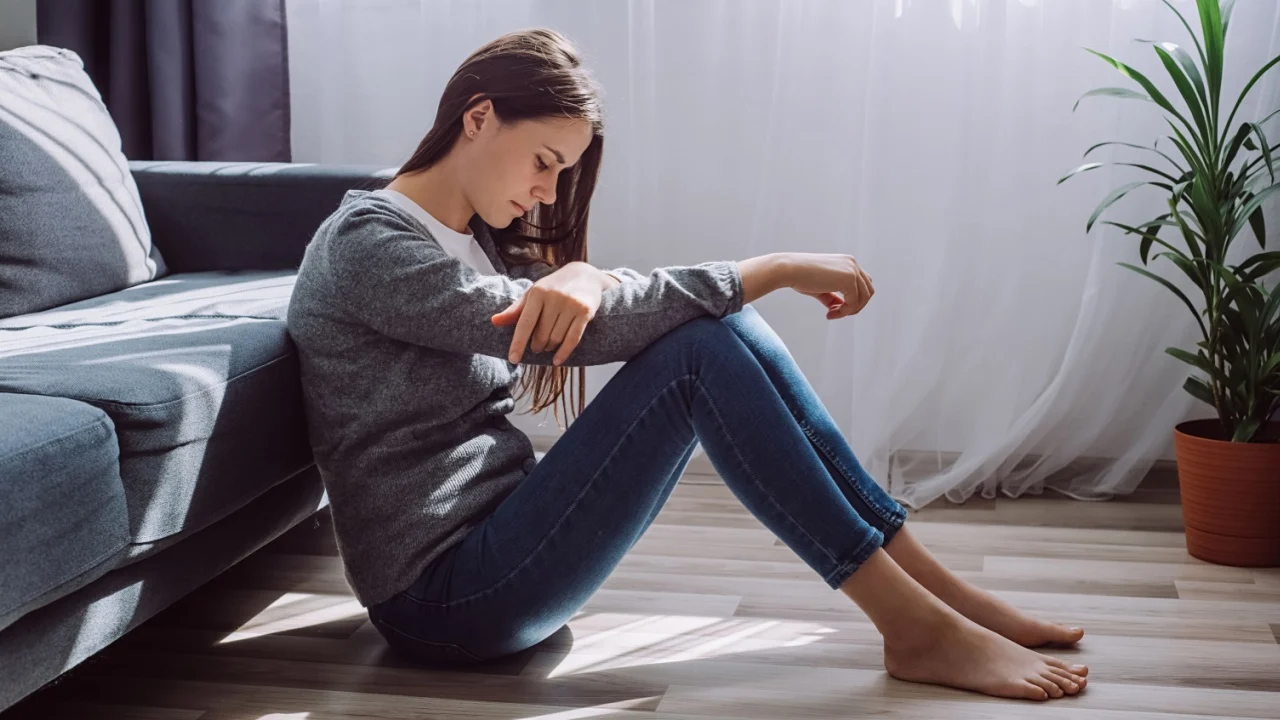 Depressed sad worried young brunette woman sitting on floor alone troubled with loneliness, upset about solitude mental problem, think of abortion regret bad mistake, breakup or divorce concept