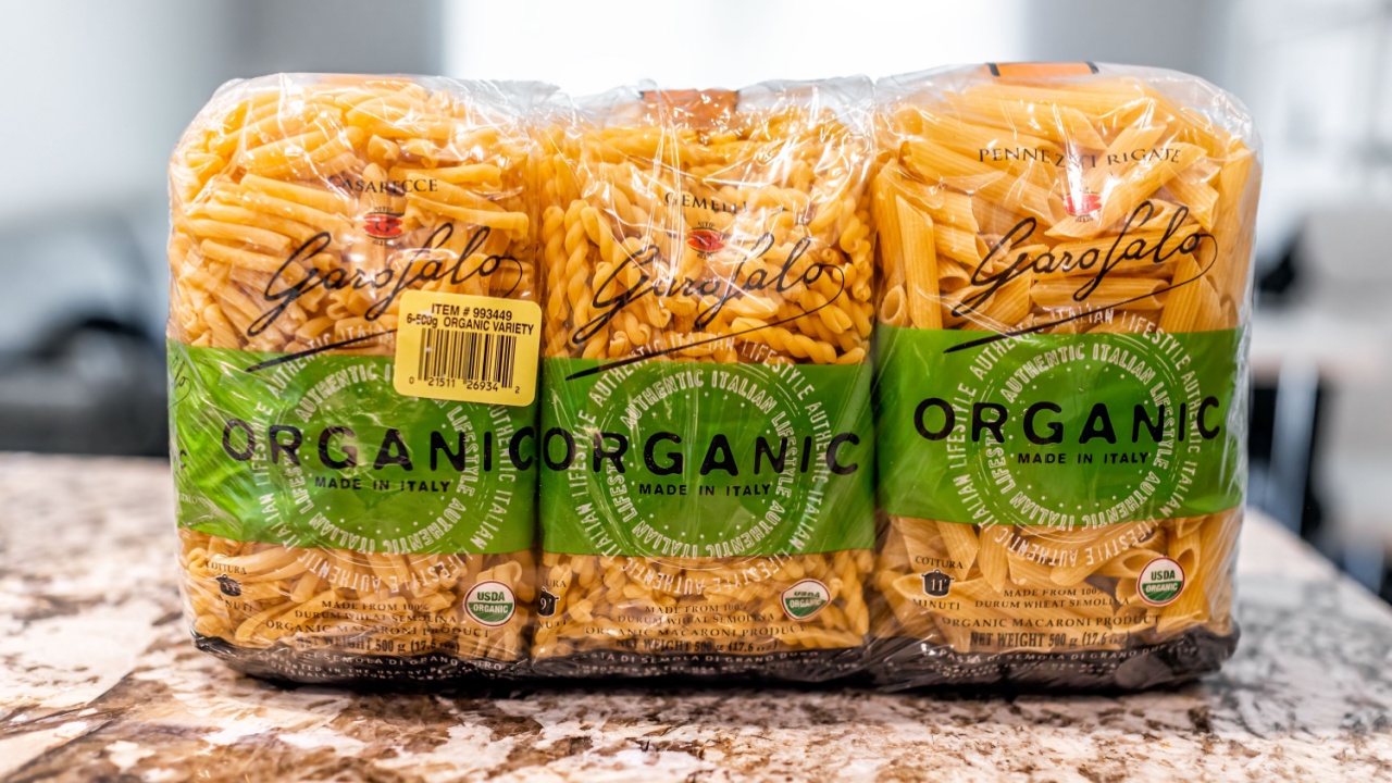 Avon, USA - June 17, 2022: Garofalo brand private label sign text for different cut of pasta with organic penne bought in bulk at Costco with plastic packaging