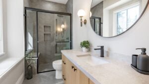 Elegant and spacious open concept interior rooms new construction with concrete floors designer decor wood beams on ceiling classic style