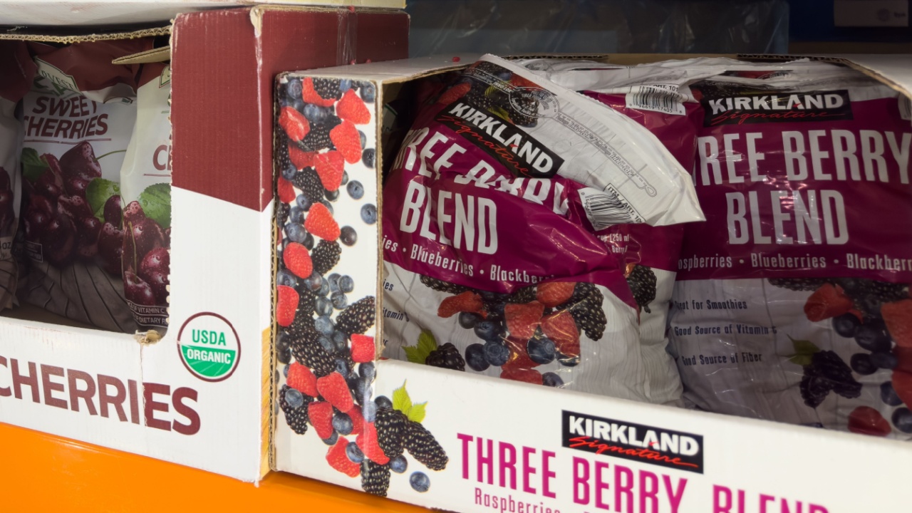 Los Angeles, California, United States - 02-01-2023: A view of several packages of Kirkland Signature sweet cherries, on display at a local Costco.