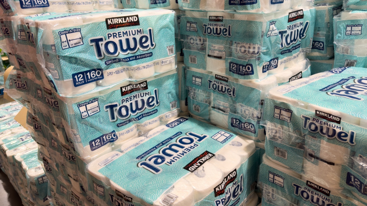 Los Angeles, CA - May 21, 2023: Premium paper towels in large plastic wraps as seen in Costco warehouse.