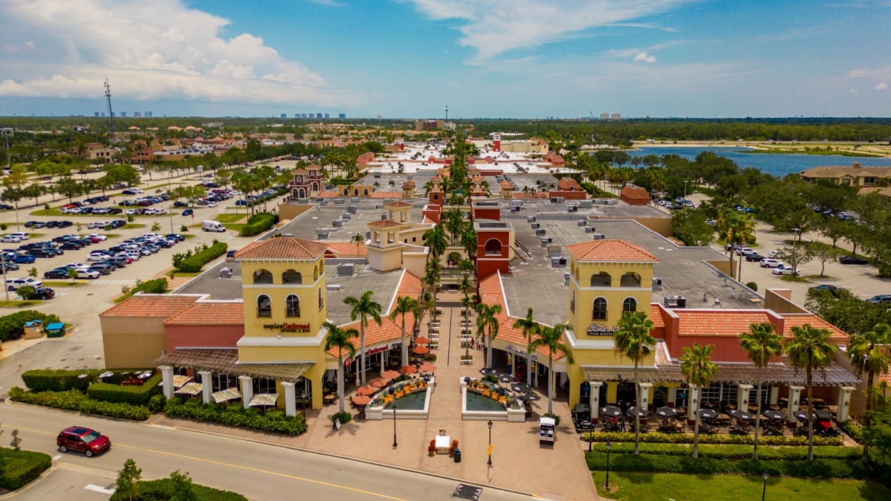 Estero, FL, USA - June 8, 2023: Aerial drone photo Miromar Outlets in Estero FL USA