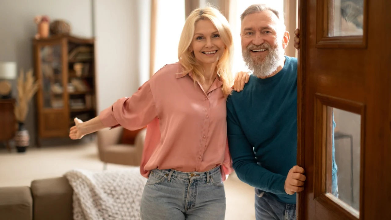 Welcome. Happy senior family couple holding opened door looking at camera, inviting guests to enter their home. Real estate owners waiting for visitor to come standing in doorway of cozy apartment