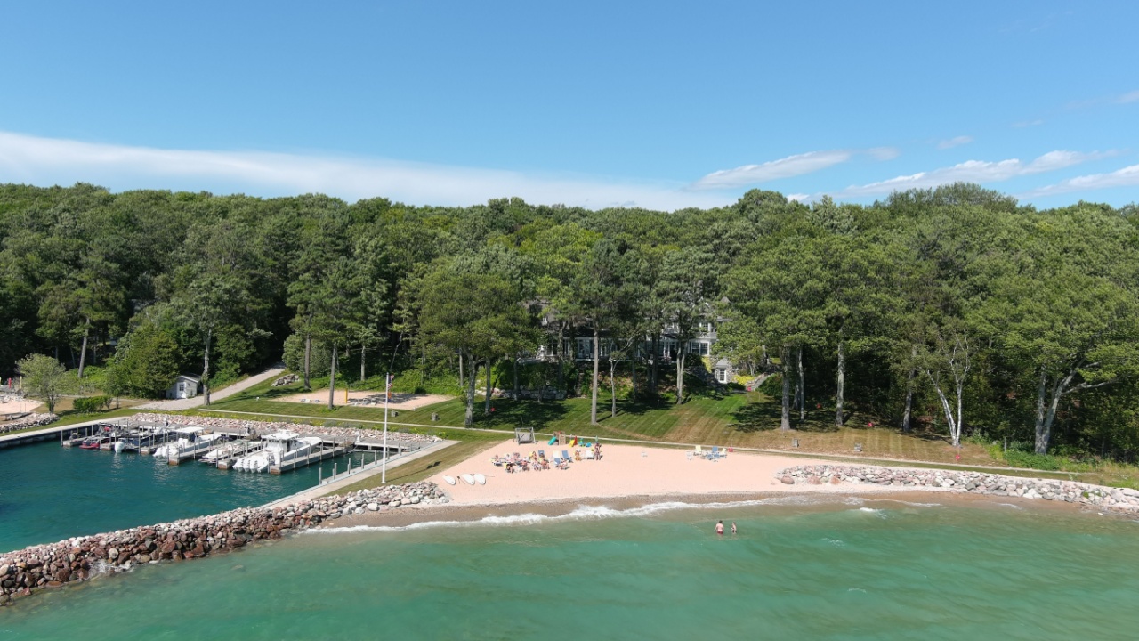 TRAVERSE CITY, US - Jul 22, 2022: An aerial view of the Omena beach in Michigan, Traverse City