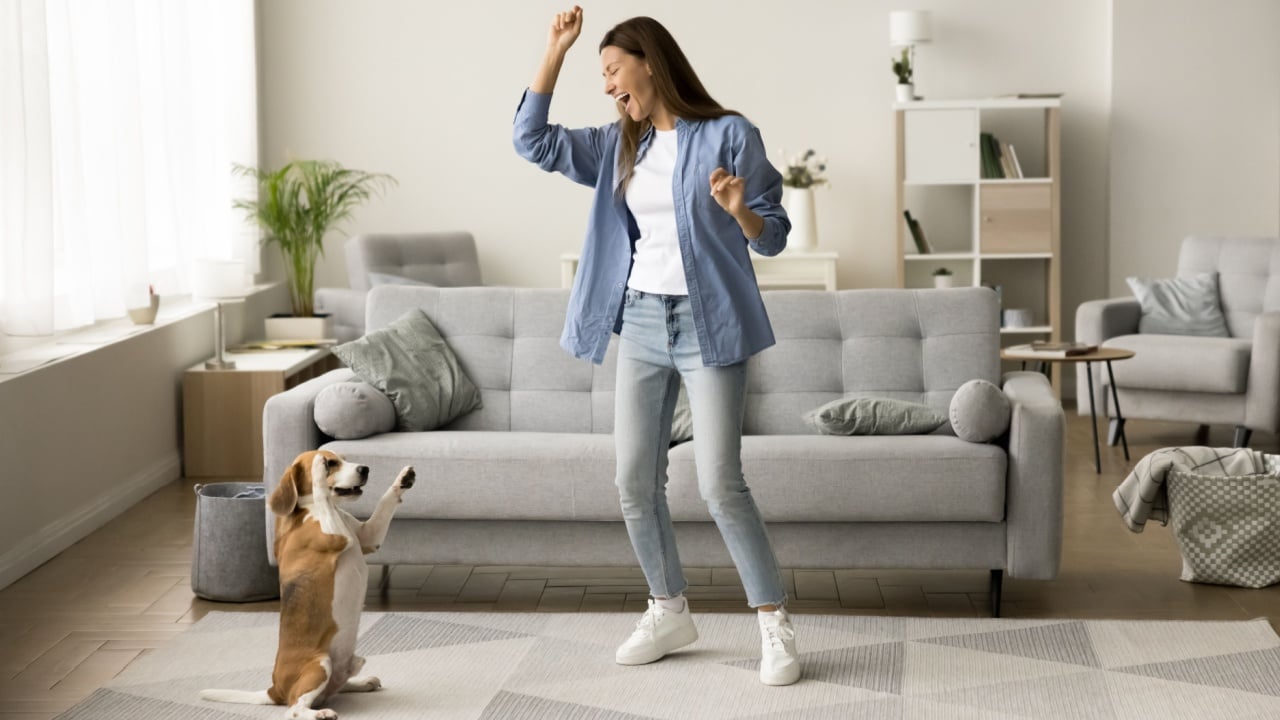 Cheerful excited dog owner woman dancing with smart funny pet at home, having fun, training trick beagle, enjoying home activity, leisure time, smiling, laughing
