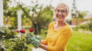 Portrait of happy senior woman gardening. She is pruning flowers.