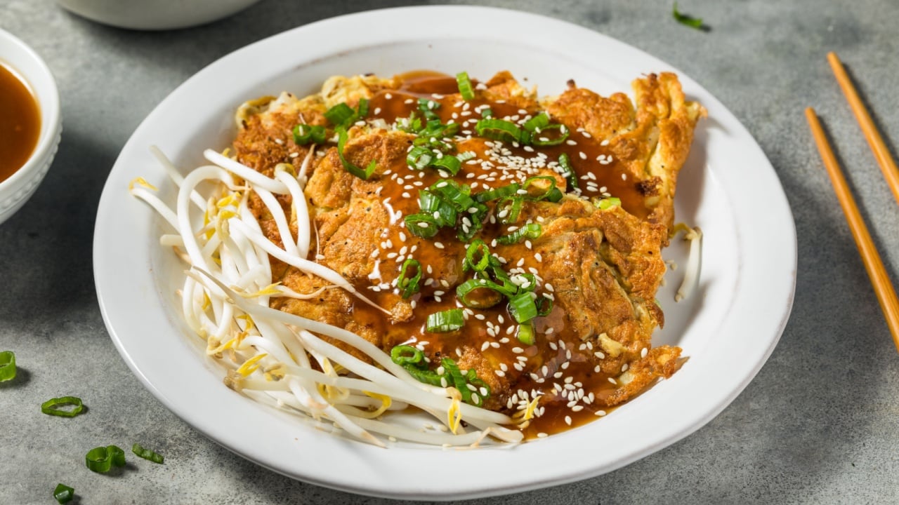 Fried Chinese Egg Foo Young with Sauce and Rice
