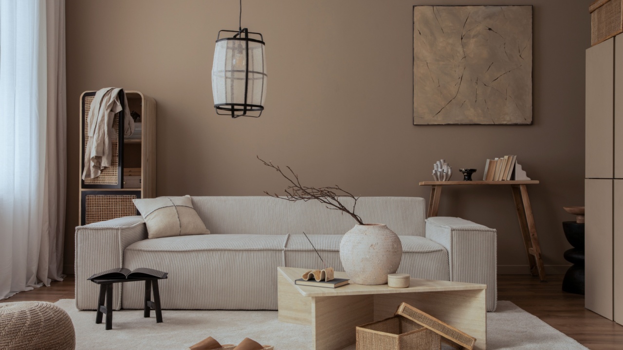 Elegant composition of warm living room interior with mock up poster frame, modular sofa, travertine coffee table, gray armchair, rattan sideboard, lamp and personal accessories.