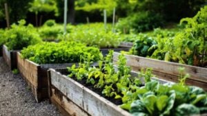 A raised bed in a garden growing vegetables