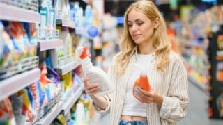 Interested young woman making purchases in household chemicals store, reading labels on bottles.