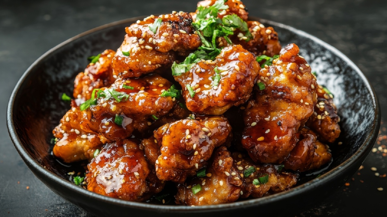 Close-up of Sesame Chicken in a Black Bowl