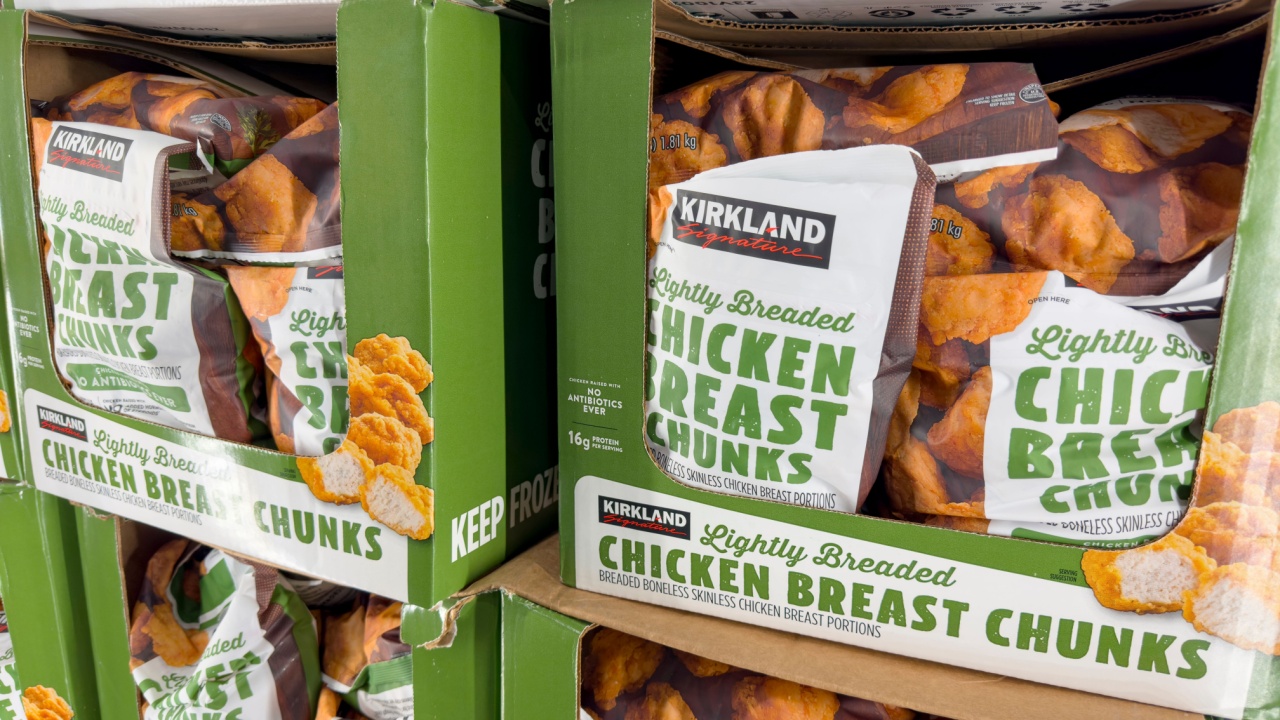 Los Angeles, California, United States - 08-14-2024: A view of several packages of Kirkland Signature lightly breaded chicken breast chunks, at Costco.