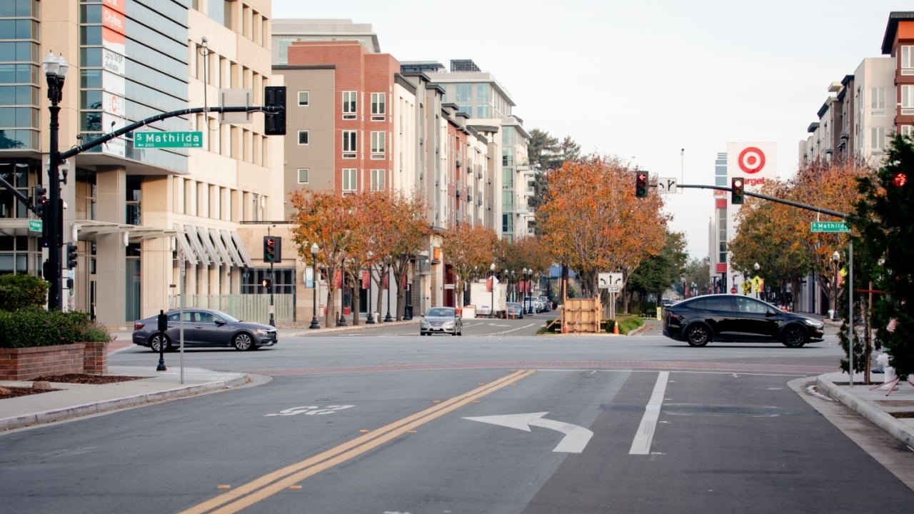 Sunnyvale, California US - December 7, 2024: Sunnyvale downtown, center of a city in Silicon Valley, San Francisco Bay Area, located in the Santa Clara Valley in northwest Santa Clara County