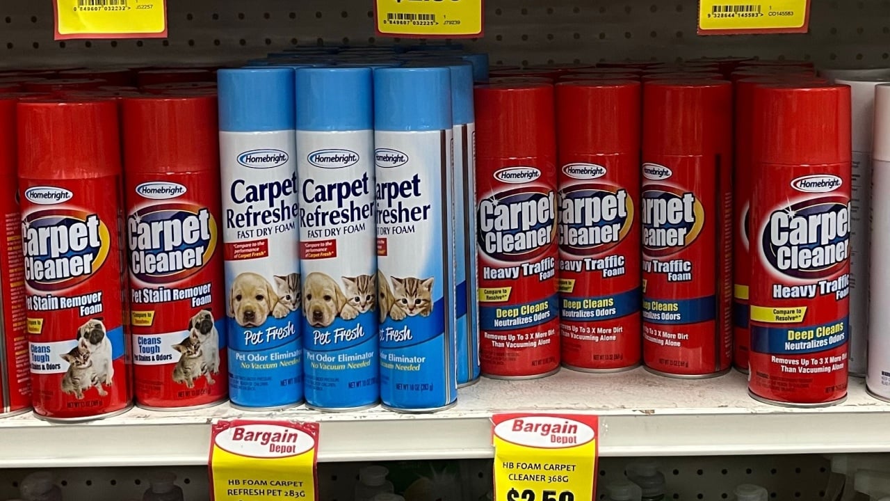 Melbourne, Victoria, Australia &ndash; 6 January 2025: A bargain store shelf stocked with household cleaning supplies, including carpet cleaners, disinfectant sprays, and Ajax multipurpose cleaners. Discoun