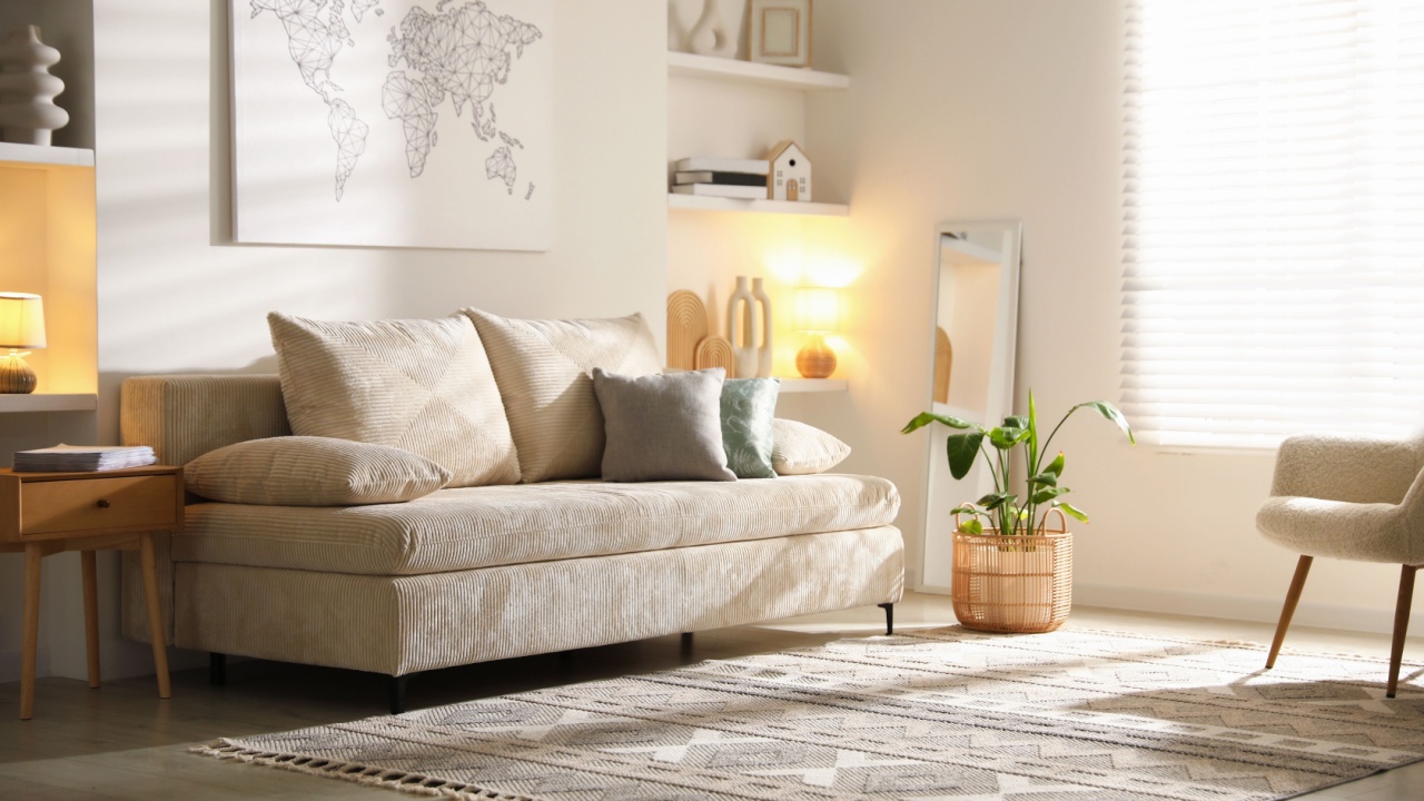 Comfortable sofa with pillows and houseplant in living room