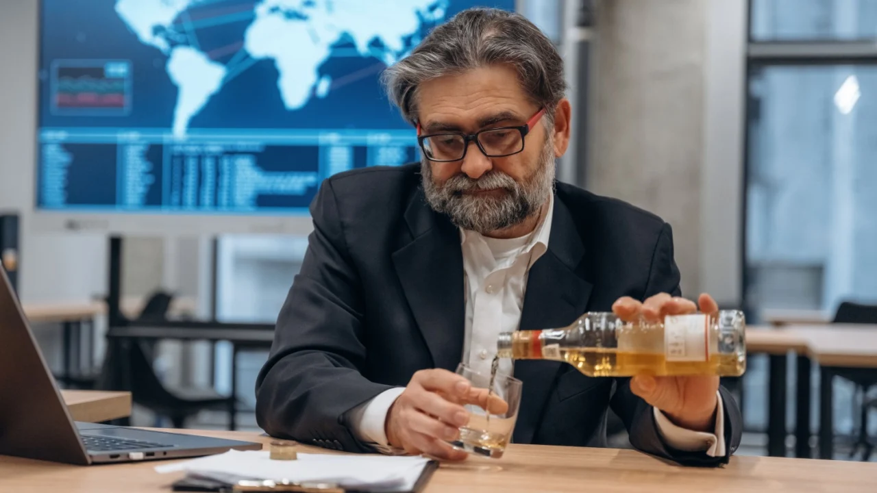 Drinking alcohol, depression. Senior man is in the modern office.