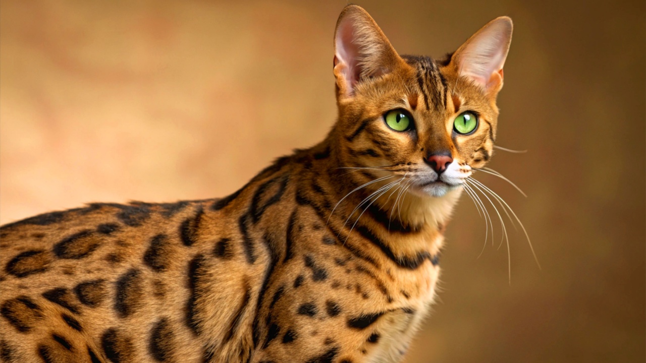 Beautiful adult Bengal cat with striking green eyes and a distinctive leopard-like coat pattern, posing gracefully against a warm brown background. The elegant feline exudes a wild yet refined look