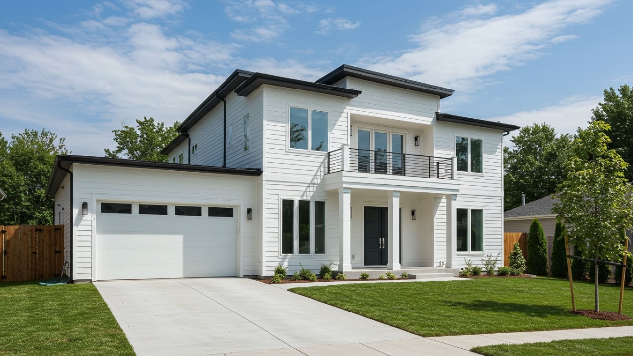 A contemporary twostory house boasts a white exterior, black accents, a balcony, attached garage, and manicured lawn. Sunlight illuminates the clean lines and modern design.
