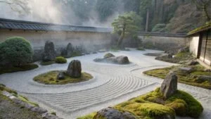 Early morning fog settles over a peaceful raked gravel Japanese Zen garden with carefully placed moss-covered rocks and a curving path.