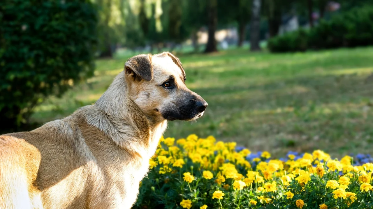 Big stray dog in the park. Domestic and stray dogs.