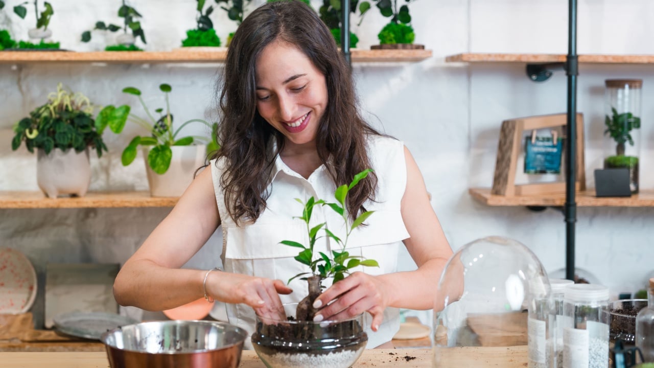 young adult woman making a terrarium