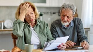 Senior couple checking bills and calculating expenses using a calculator at home, debt taxes and home budget concept, worried married elderly couple