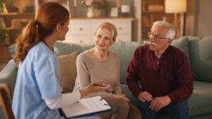 A home health aide, wearing scrubs and holding a clipboard, speaks to a senior couple sitting on a couch in their living room, discussing details of their care and needs.