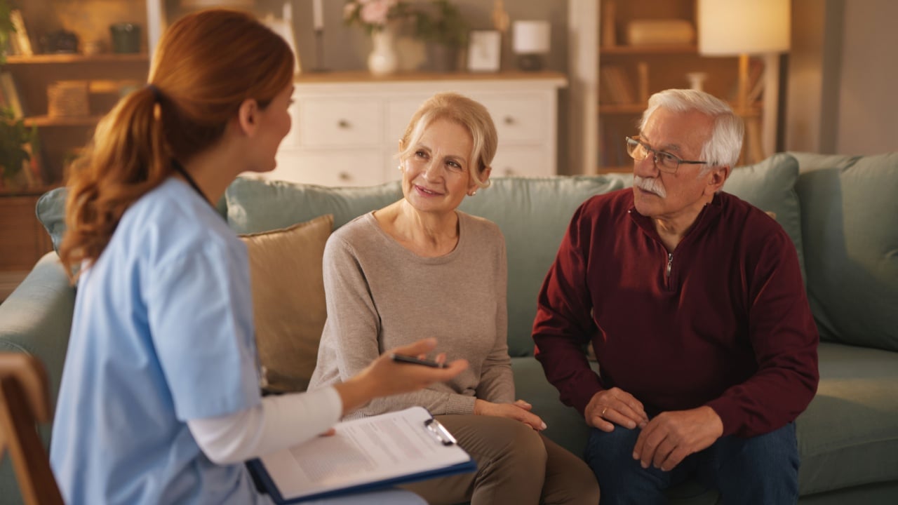 A home health aide, wearing scrubs and holding a clipboard, speaks to a senior couple sitting on a couch in their living room, discussing details of their care and needs.
