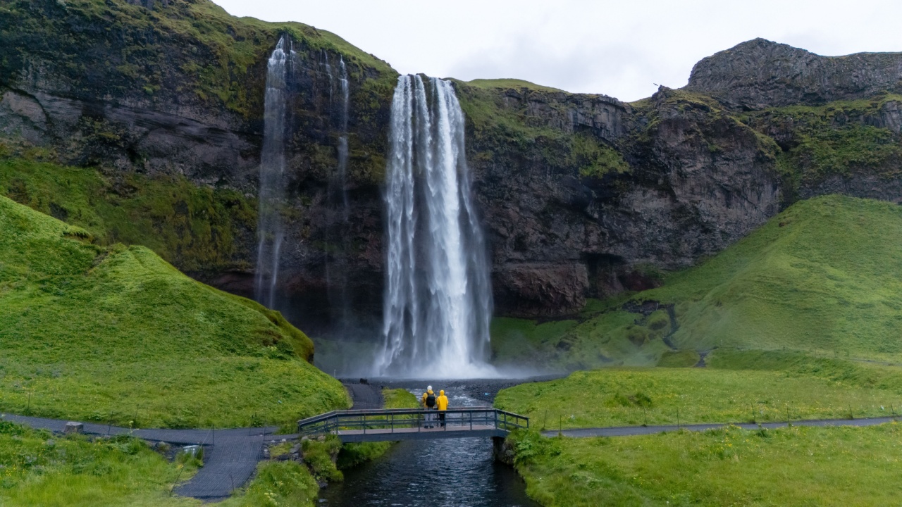 Visitors admire the stunning Seljalandsfoss waterfall, surrounded by lush greenery in Iceland.